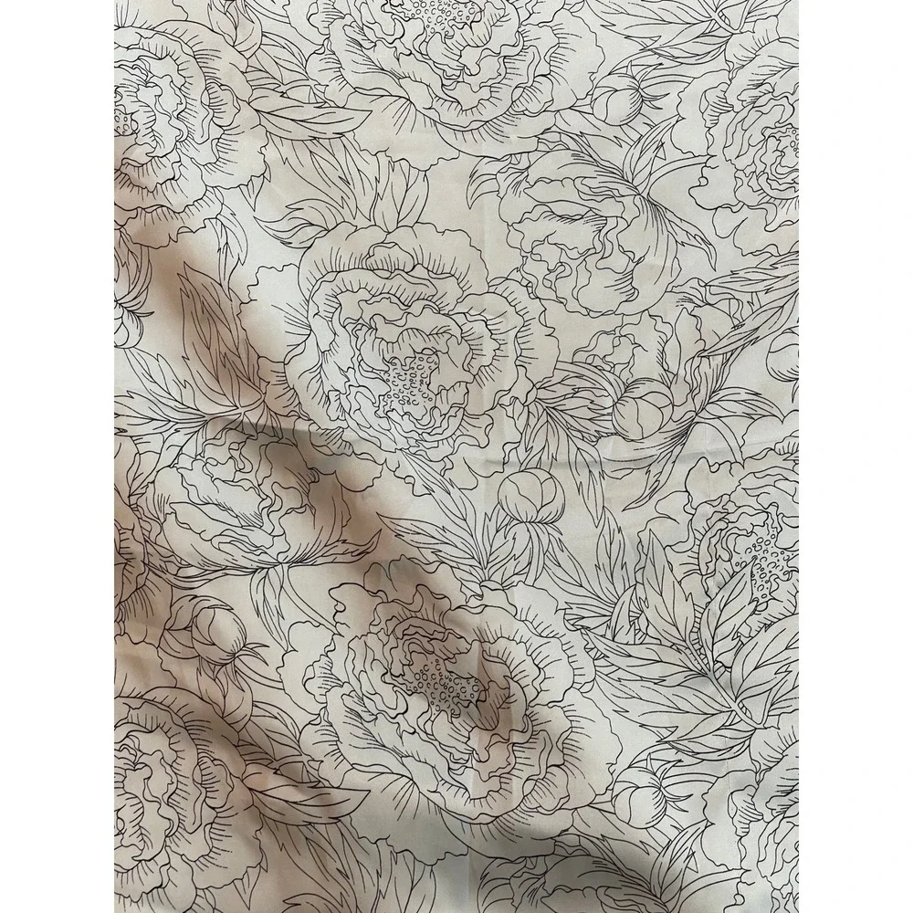 Black and White Peony Floral Square Scarf Line Art Print Striped Border 34x34
